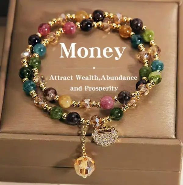 Double Layer Rainbow Tourmaline Round Bead Bracelet, Bohemian Jewelry for Daily Wear, Yoga, Gifting, Featuring Longevity Lock Charm, Color Design