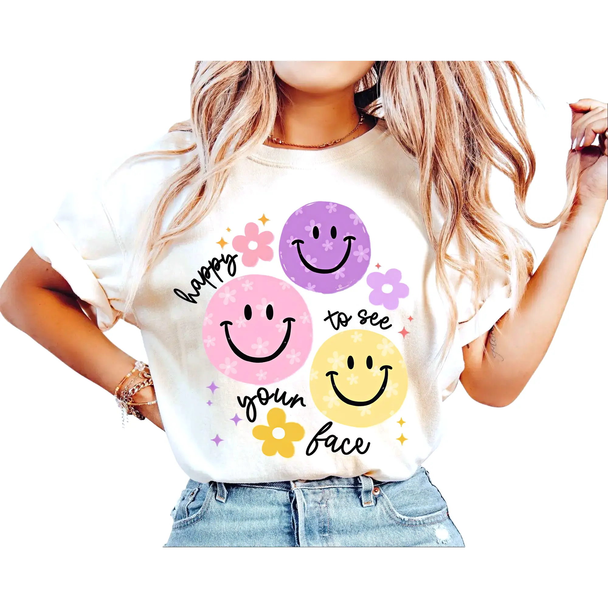 Women's Casual Graphic Sports Top - Happy To See Your Face Smiley Face Floral Print, Round Neck, Short Sleeve, Soft, Basic, Solid, Everyday, Vintage Summer Loose Fit Daily Tops, Breathable