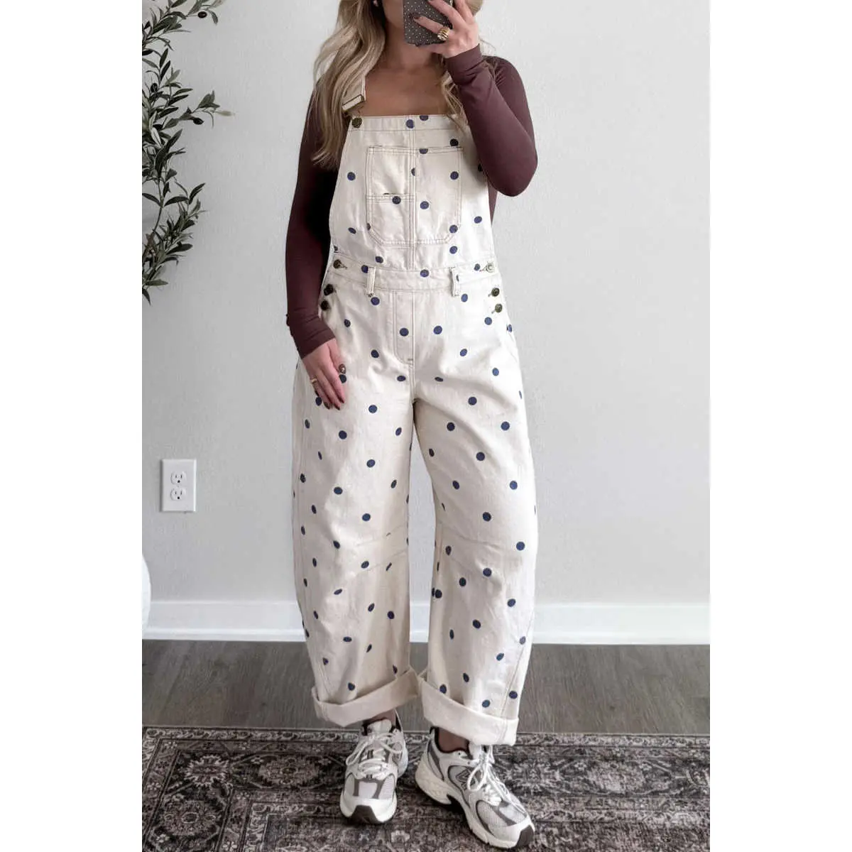 Women's Jet Stream Polka Dot Print Bib Pocket Denim Barrel Overalls Jumpsuit - Vintage Streetwear Style, Day Fit, Everyday