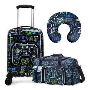 Cool Game Controller Travel Suitcase Set 3-in-1, Neon Green Black Gaming Duffel Bag for Teen Boys, Kids Overnighter Luggage Combo with Pillow portable shoe pouch holiday birthday gift