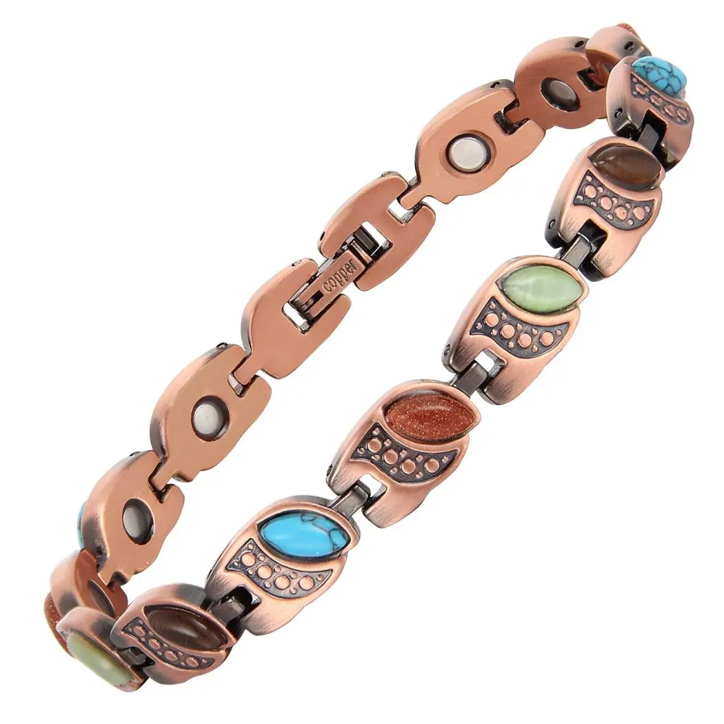 Boho Turquoise Bracelet for Women, Vintage Copper Link Bracelet with Colorful Stone Accents, Adjustable Everyday Jewelry