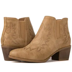 GLOBALWIN Women's Khaki Pull On Cowgirl Ankle Boots The Western Round Toe Classic Embroidery Western Cowboy Boots For Fall Cute Short Boots