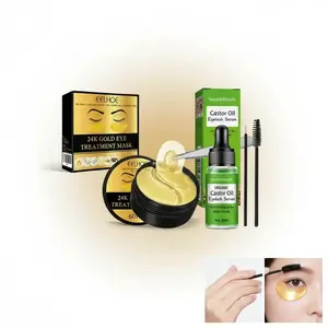 24K Gold Eye Mask & Organic Castor Oil Serum Bundle, 60pcs Hydrating Moisturizing Collagen Patches with Hyaluronic Acid and 30ml Nourishing Lash, Brow, Hair Serum