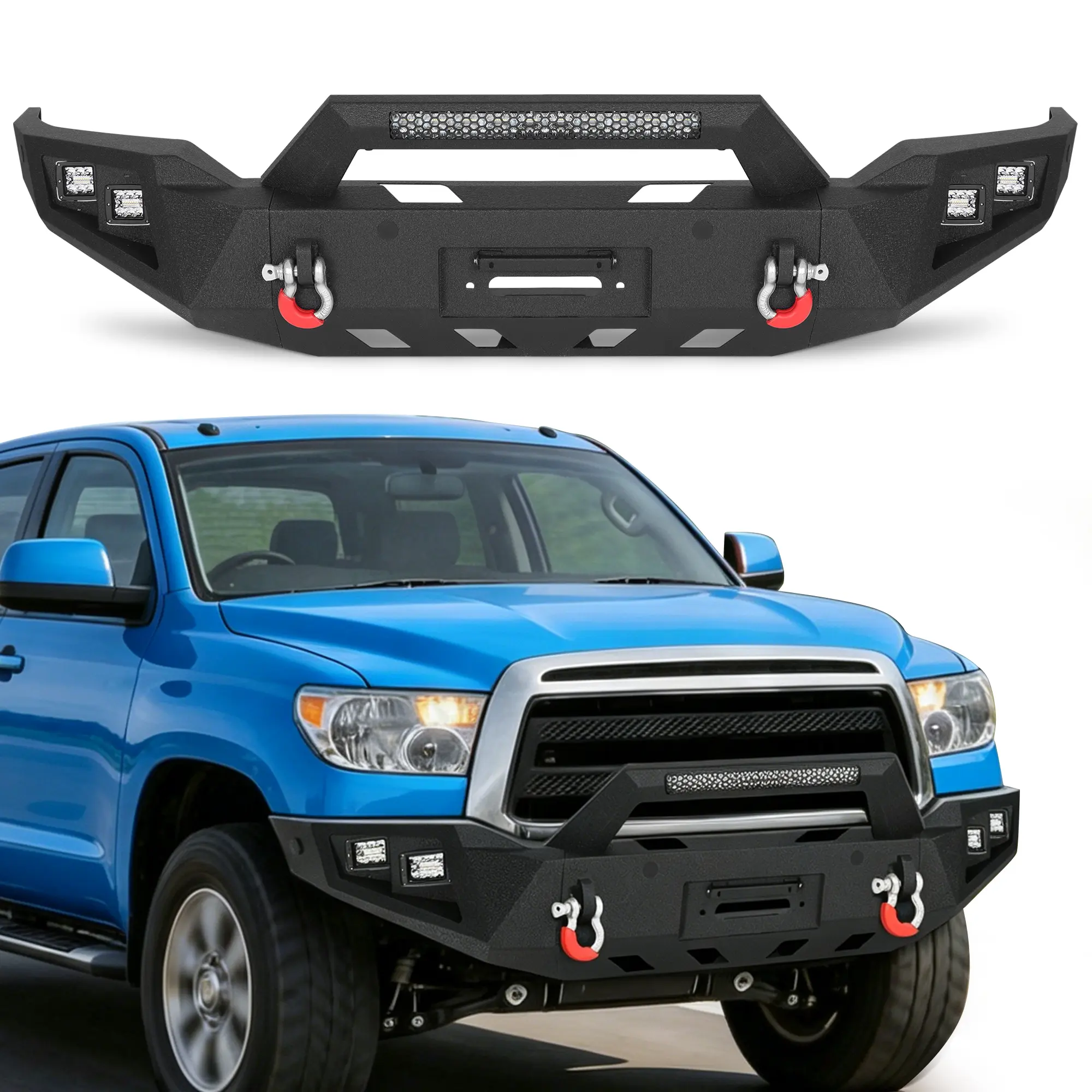 MONOKING Full Width Front Bumper for 2007-2013 Tundra, HD Carbon Steel Off-Road Bumper with 144W Light Bar, 18W LED Pods, Winch Plate, and D-Rings
