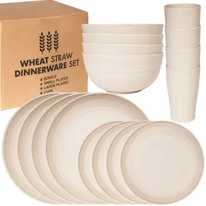 16pc Wheat Straw Dinnerware Sets,Dish Sets for 4,Plates and Bowls Set Dishwasher Safe,Unbreakable Dinnerware,Reusable Tableware Set,Beige Color 8pcs Plates, 4pcs Bowls, 4pcs Cups，Eco-friendly Coffee Cups for Party, Picnic, Travel, and Events