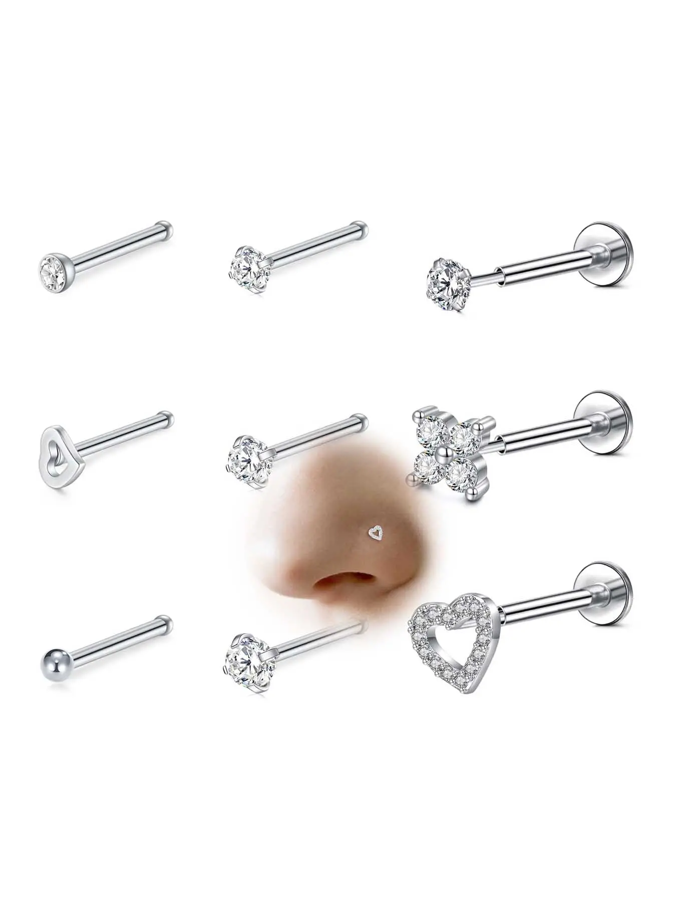 18g Threadless Nose Studs CZ Nose Rings For Women Labret Studs Push In Flat Back Stud Earrings Nose Nostril Tragus Helix Piercing Jewelry Body Jewelry Cute Jewelry