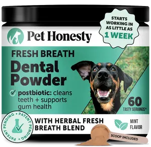Pet Honesty Dental Powder, Breath Freshener and Teeth Cleaning Dental Care for Dogs, Plaque Tartar Remover with Natural, Clinically Studied Postbiotic - 60 Scoops