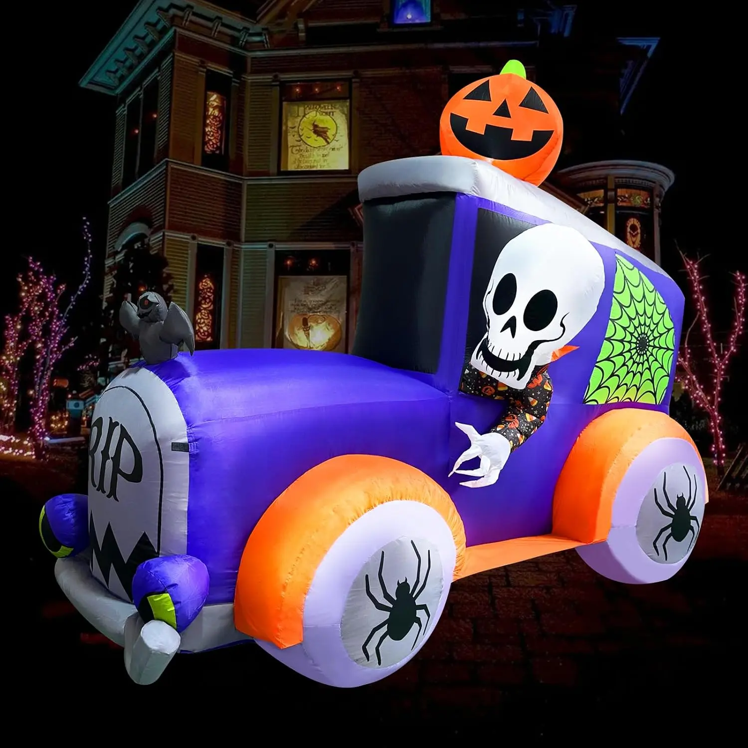 8FT Halloween Inflatables Decoration Monster Truck Outdoor Decoration Giant Car Skull Skeleton Pumpkin & Spider Decorations Blow Up Halloween Decor for Lawn, Garden, Porchspooky season decor, spooky yard decor, halloween yard decor, halloween gift for him