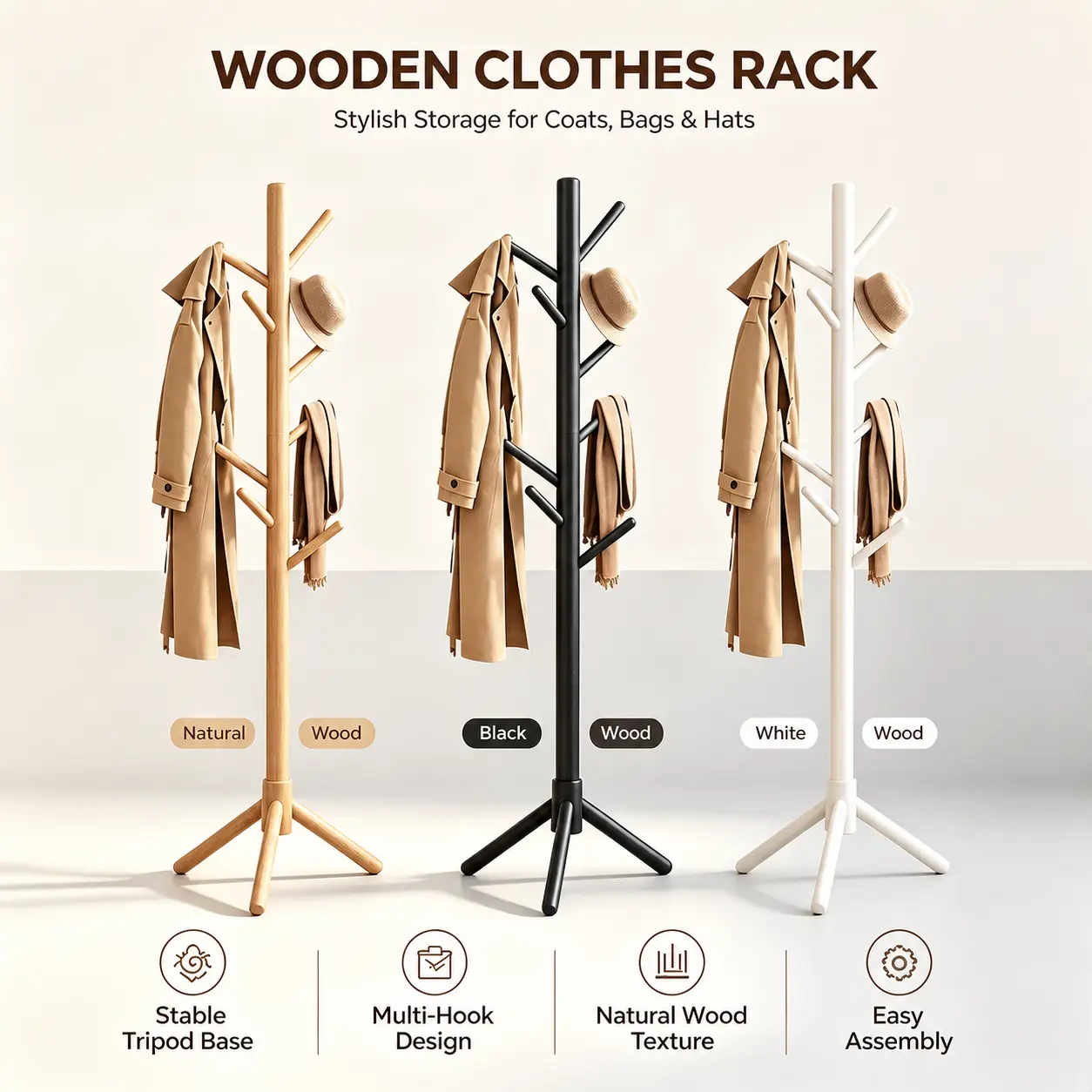 Wooden Freestanding Coat Rack, Tree Branch Clothes Hanger Stand with Multi Hooks, Stable Tripod Base, Easy Assembly, Floor Garment Holder for Bedroom Entryway, Hats Bags Scarves Storage Organizer