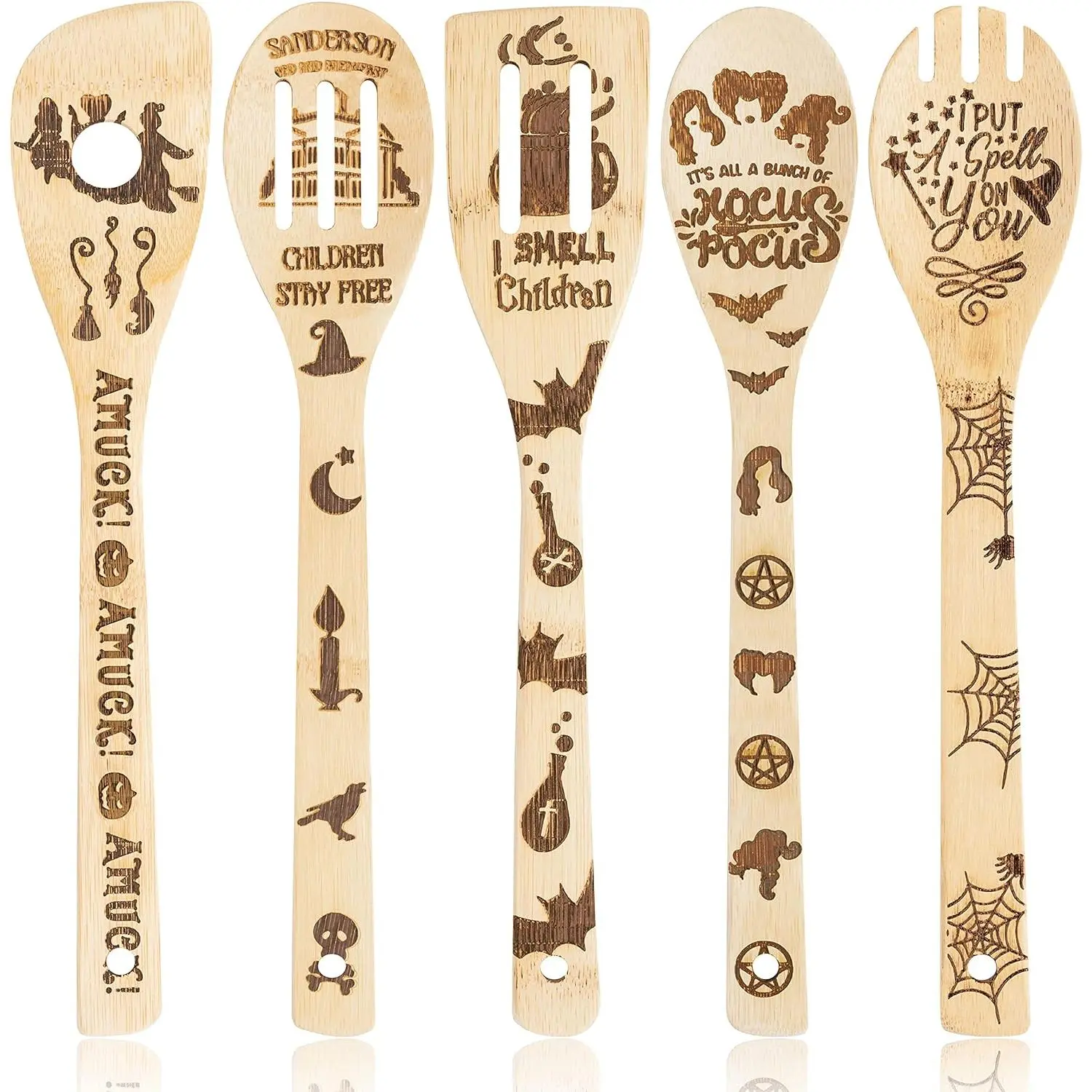 Eartim 5Pcs Hocus Pocus Wooden Spoons Slotted Spatula Set, Kitchen Burned Bamboo Cookware Gadget Kit Cooking Non-stick Utensils Fun Gift Idea for Family Friends Housewarming Present Party Return Gift