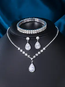 Elegant Rhinestone Decorated Jewelry Set, Exquisite Trendy Necklace & Bracelet & Dangle Earrings, Fashionable Jewelry Set for Party Decoration, Teardrop Jewelry Set