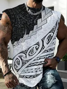 Men's Polynesian Style Sleeveless T-Shirt, Hawaiian Print Vest, Trendy Street Casual Top, Loose-Fitting Graphic Tee