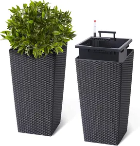 16/22.5" Tall Black Rattan Planters Set of 2 – Large Self-Watering Flower Pots – Drainage Trays, Water Level Monitor & Wheels – Heavy Duty for Outdoor & Indoor Use, Patio, Porch, Living Room