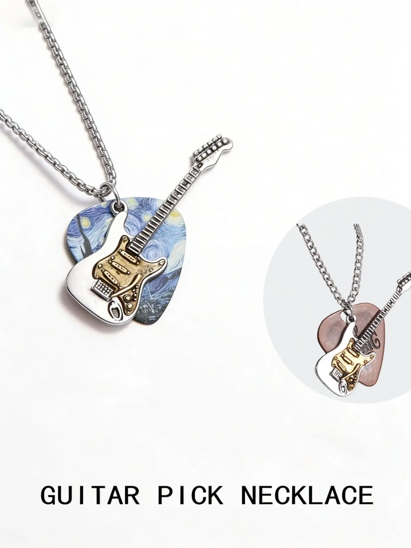 Vintage Electric Guitar Pick Necklace for Men Women, Punk Rock Style Hip Hop Pendant Necklace, Stainless Steel Chain Couple Sweater Chain, Retro Music Jewelry, Vintage Bohemian Jewelry for Daily & Street Wear