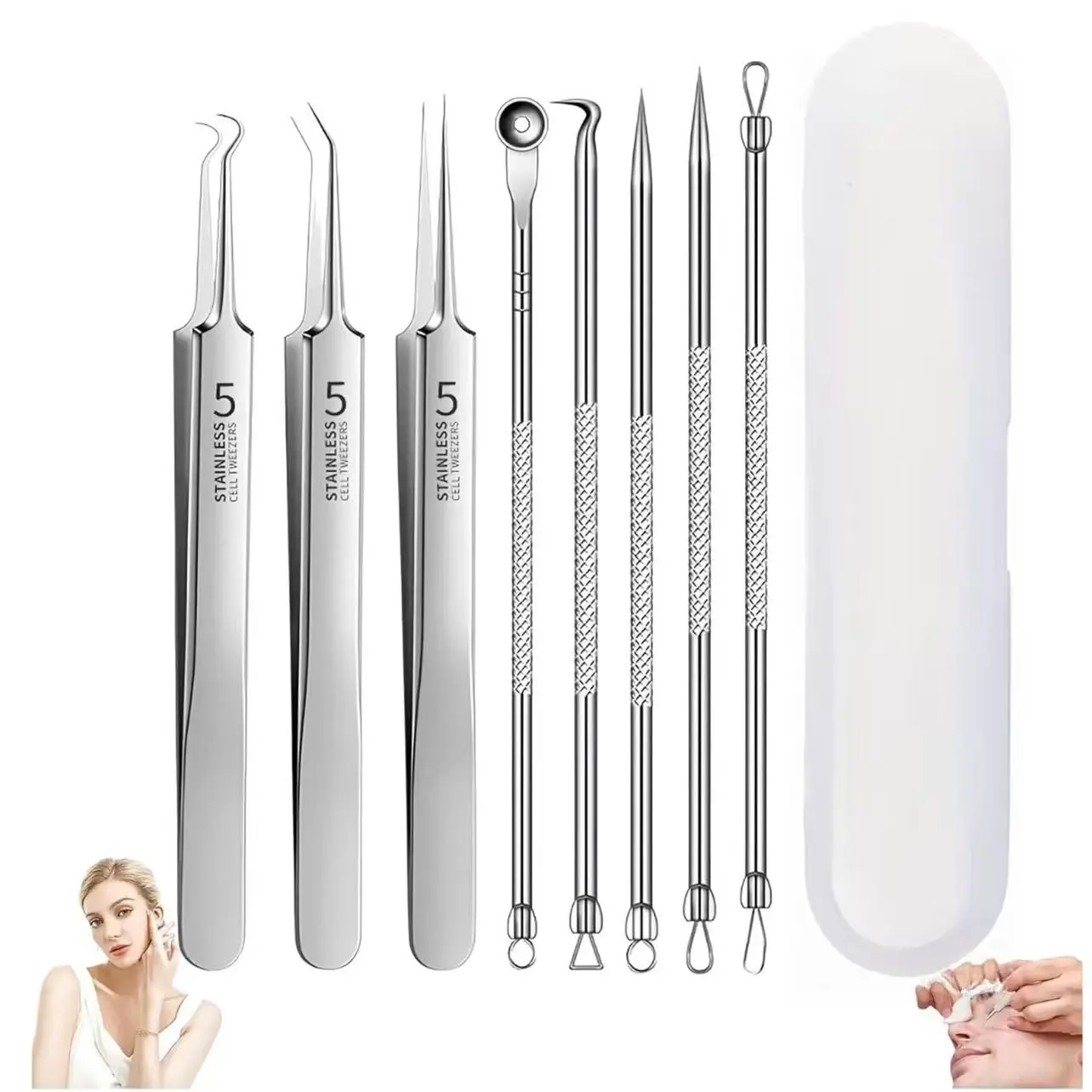 8PCS Durable Stainless Steel Facial Blackhead Remover & Pimple Extractor Kit with Ergonomic Handle, Professional Face Acne Treatment Tools for Daily Deep Pore Cleaning, Safe for All Skin Types, Easy to Clean with Storage Compatibility