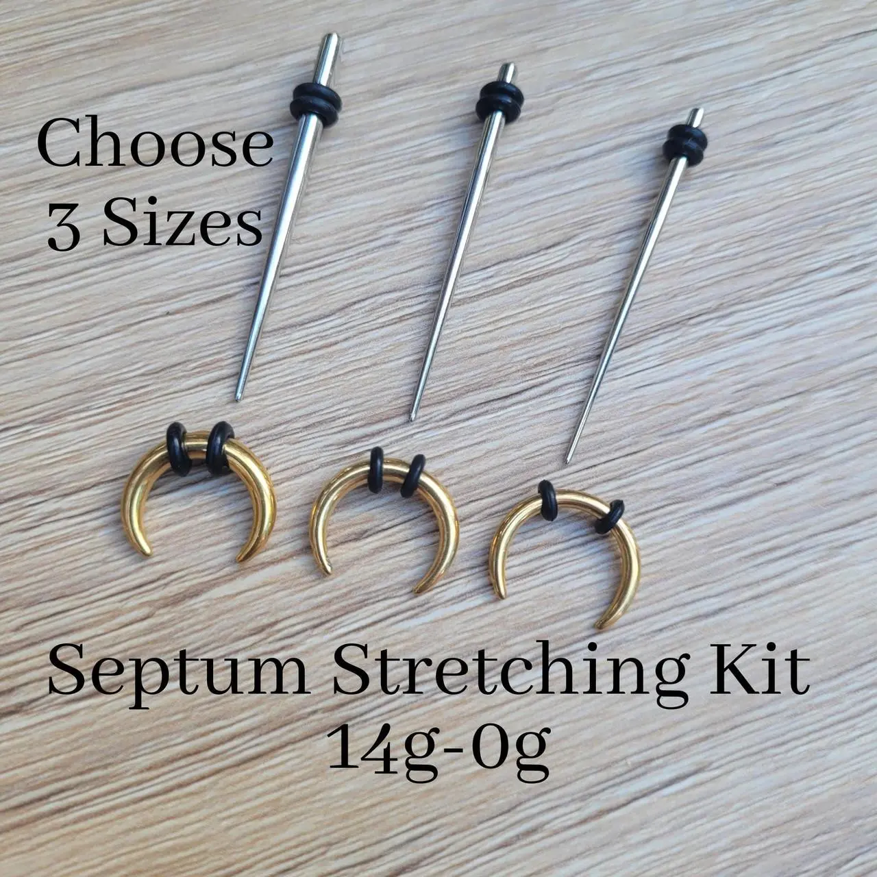 Gold Steel Septum Stretching Kit Choose 3 sizes Pincher Taper Horseshoe Nose Gauge Gauging 0g 1g 2g 4g 6g 8g 10g 12g 14g stretching set