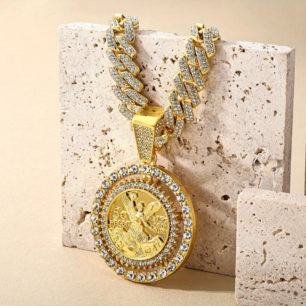 14K Gold Plated Mexican 50 Pesos Centenario Pendant Necklace, Vintage Cuban Link Chain 20 Inch – Unisex Religious Symbol Jewelry, Zinc Alloy Luxurious Gold Finish Gift for Men Women