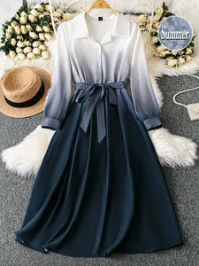 Elegant Gradient Color Dress for Women, Long Sleeve Lapel Neckline, Waist Tie Bow Design, Perfect for Daily Commute & Light Vacation Scenes