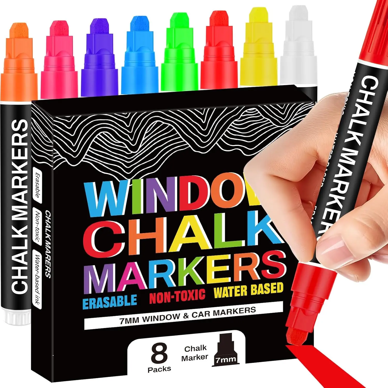 8-Pack Chalk Markers for Blackboard, 7mm Wide Tip Window Art Chalk Pens, Office Stationery for Moms & Teen Boys, 24-Month Use for Halloween Decorations, Stocking Stuffers, 24 Months
