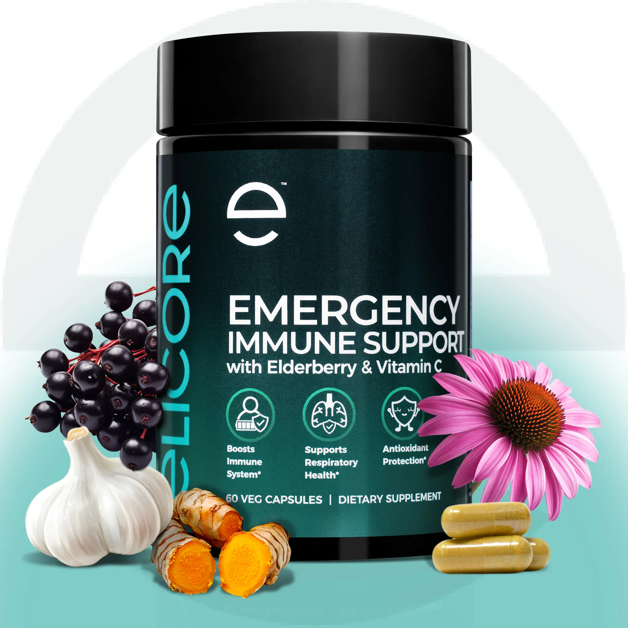 ELICORE Emergency Immune Support – with Echinacea, Elderberry, Zinc & Vitamin C – Boost Immunity Fast – 60 Veg Capsules
