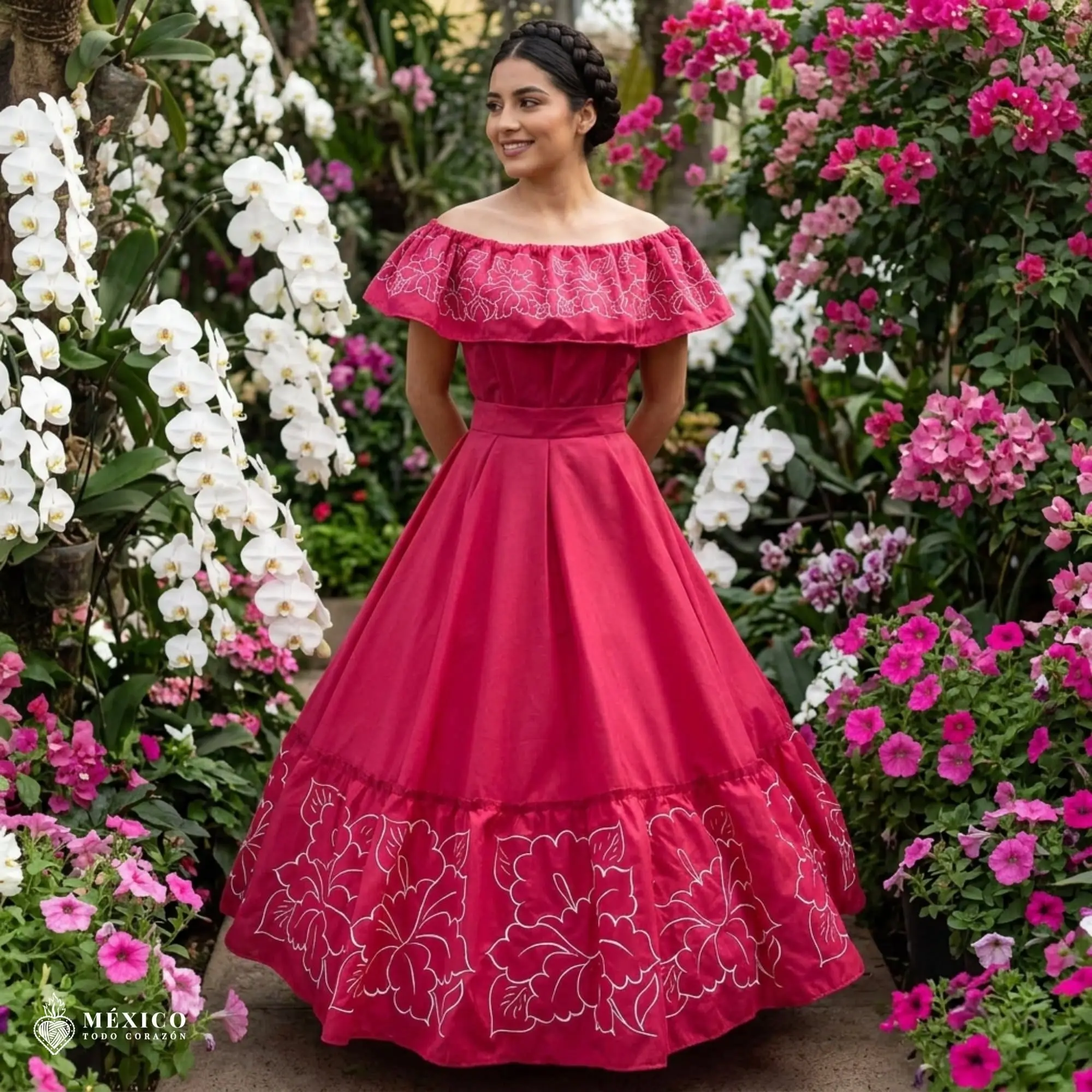 Women's Classic Basic Pink Traditional Mexican Embroidered Peasant Neck Alcatraz Dress - Handmade Special Edition Lady's Dance Wear with Embroidery Detail, Soft Fabric