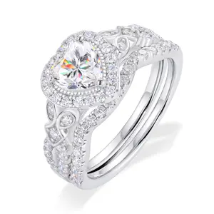 UCCIYO 2PCS S925 Sterling Silver Heart-Shaped Lab-Created Moissanite Promise Ring Set for Women, Stackable Bridal Ring Guard, Sparkly Anniversary Valentine Gift Jewelry【#R762】