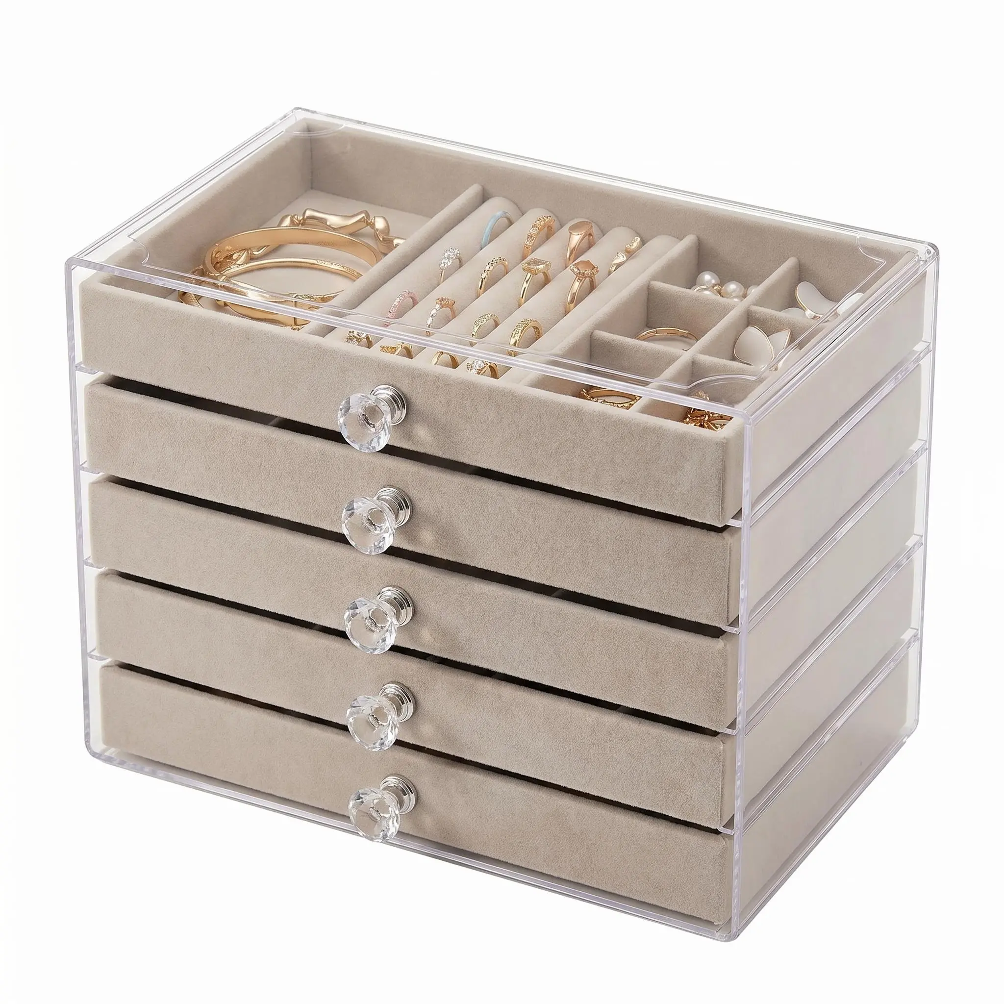 5-Tier Clear Acrylic Jewelry Organizer with Plush Velvet Lining, Multi Compartment Storage Tray for Rings, Earrings & Vanity Necklace Display  jewelry box