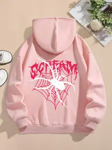 Women's Spider & Letter Print Drop Shoulder Hoodie, Letter Graphic Hoodie, Fashion Casual Drawstring Kangaroo Pocket Hooded Sweatshirt for Daily Holiday Outdoor Wear, Women Clothing for Fall & Winter, Drawstring Hooded Top