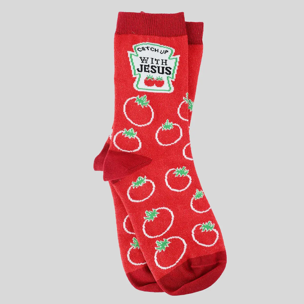 Women's Novelty Crew Socks, Cute Red Religious Ketchup Graphic, Breathable Cotton-Polyamide Blend for Adults, Fits, Ladies, Absorbent, T-Shirt