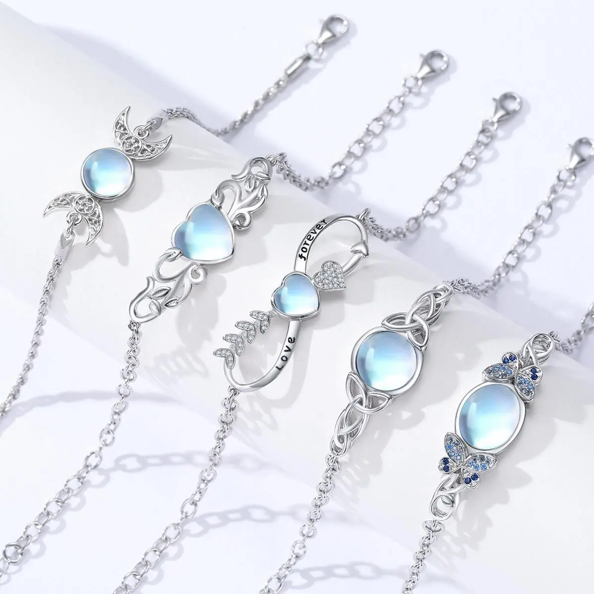 DRINSPER Moonstone & 925 Sterling Silver Elegant Bracelet, Hecate Triple Moon Goddess Bracelet, Artificial Moonstone, Pagan Wiccan Amulet Bracelet, Artificial Moonstone,Fashion Celtic Knot Crescent Moon,Elegant Jewelry Accessory for Women Girlfriend Girls