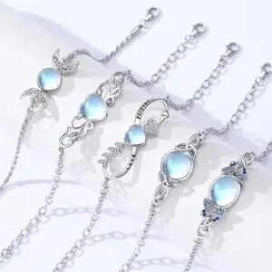 DRINSPER Moonstone & 925 Sterling Silver Elegant Bracelet, Hecate Triple Moon Goddess Bracelet, Artificial Moonstone, Pagan Wiccan Amulet Bracelet, Artificial Moonstone,Fashion Celtic Knot Crescent Moon,Elegant Jewelry Accessory for Women Girlfriend Girls
