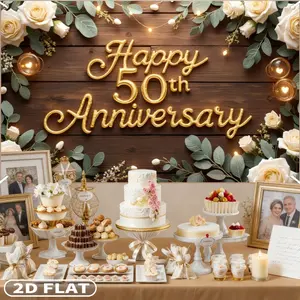 2D FLAT 1pc Polyester Happy 50th Anniversary Decor Party Banner, 110x180cm/43.31x70.87 Inch 50th Wedding Anniversary Party Decoration Floral Backdrop, Celebration Golden Wedding Birthday Party Supplies Decor Photography Background for Men Women, Flower
