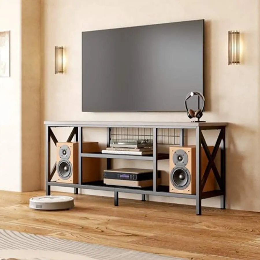 Lofka Industrial TV Stand For 55-65 Inch TVs, 60" TV Cabinet With 3 Tier Open Shelves, Entertainment Center TV Console Table With Metal Frame, Sofa Table For Living Room, Bedroom, Office, Valentine's Day Ideas, Grey