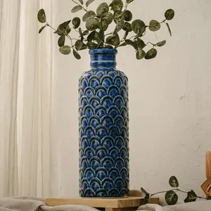 13.98" Tall Blue Ceramic Flower Vase, Large Rustic Farmhouse Decorative Vase for Home Decor, Centerpiece, Living Room, Bedroom, Kitchen