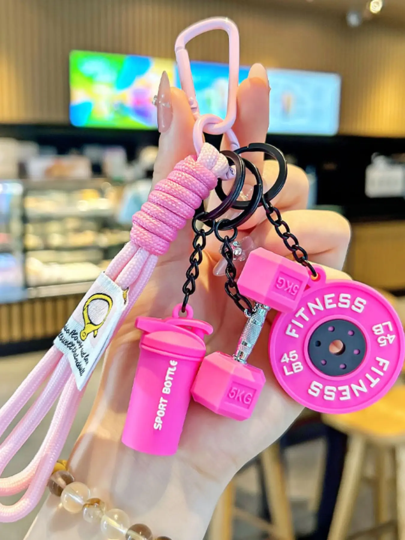 Sport Fitness Dumbbell and Barbell keychain set, Lanyard, Keychain For Bags, Gym Keychain, Charismatic Keychain, Keychain Accessories with Rope Charms, Water Bottle Accents, Dumbbell & Barbell Charms Pendant, Bag Ornaments for Women Men, Keyrings For Keys