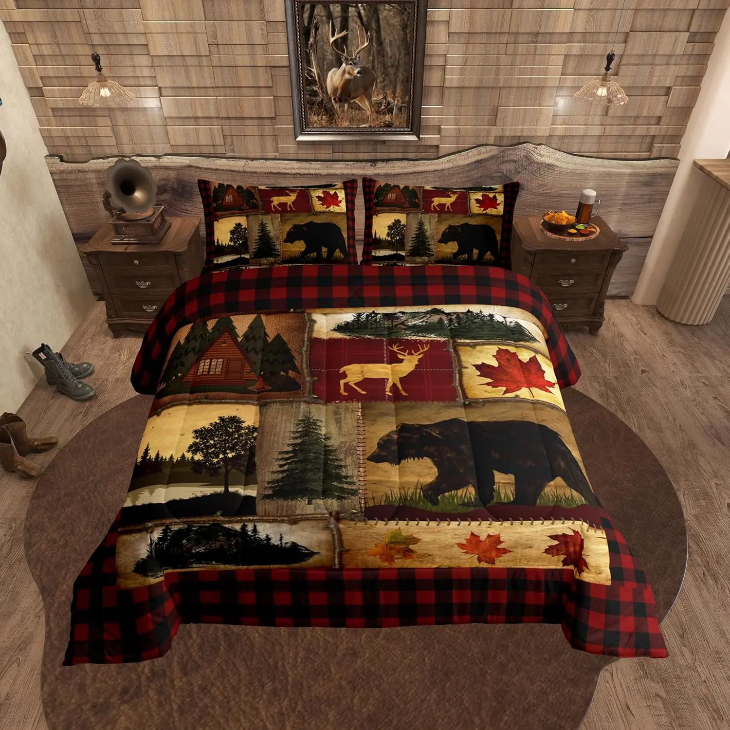 Feelyou Bear Cabin Plaid Bed Comforter Set - Rustic Farmhouse Bedding, Retro Hunting Deer Woodland Quilt, Country Western Decor Bedspread, Vintage Patterned Duvet Set, Bed Set