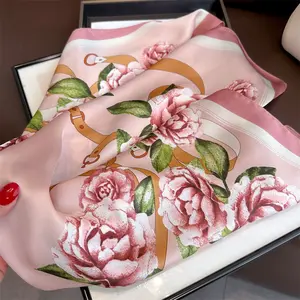 Pink rose printed silk scarves 70 high-grade square scarves in spring and summer thin scarves Joker scarf tied hair scarf women