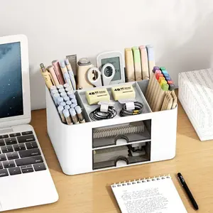 A pencil organizer with two drawers, a desktop pencil holder, Desk Organizer, Desk Organizers With Compartments, has five compartments, making it ideal for storing various stationery items, available in white