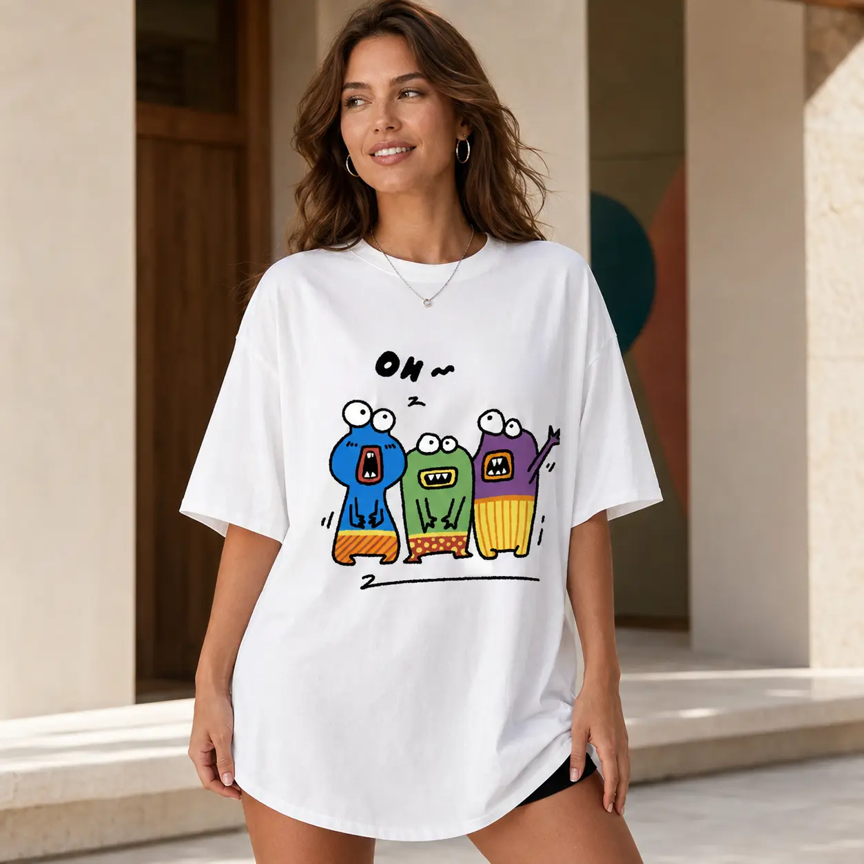 Funny Monster Graphic T-Shirt, Colorful Cartoon Tee, Oversized Unisex Crew Neck Streetwear Top for Men and Women