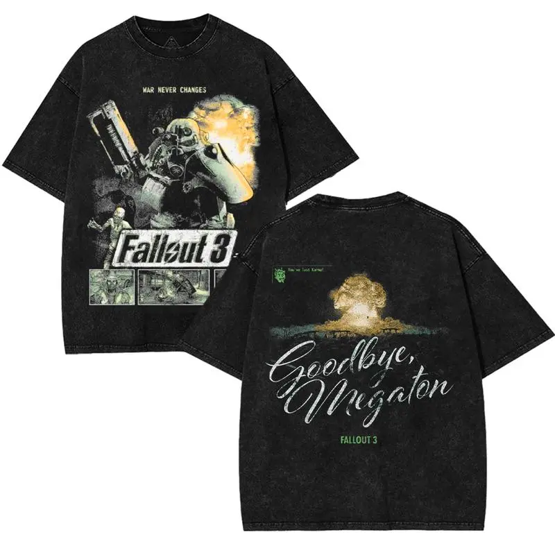 Vintage Fallout 3 goodbye megaton Wash Unisex Game Shirt Gift gamer Menswear Cotton Streetwear Comics Double-Side Washed T-shirt Gaming Retro Black Tee Top graphic