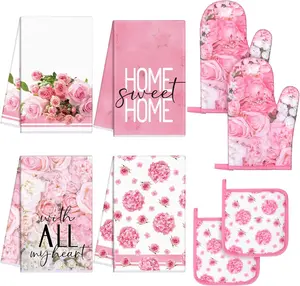 8 Pcs Pink Rose Kitchen Towels Dishcloths Sets Oven Mitts Pot Holders Absorbent Heat Resistant for Chef Baking Cooking Home Sweet Home Design - Bakeware