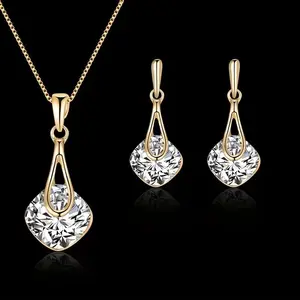 Women's 2-Piece Zinc Alloy Costume Jewelry Set - Golden-Tone Chic Square Pendant Dangle Stud Necklace, Teardrop Earrings with Sparkling Artificial Crystal Square Zirconian Necklaces, Ideal for Weddings, Parties, Dangle Stud Necklaces