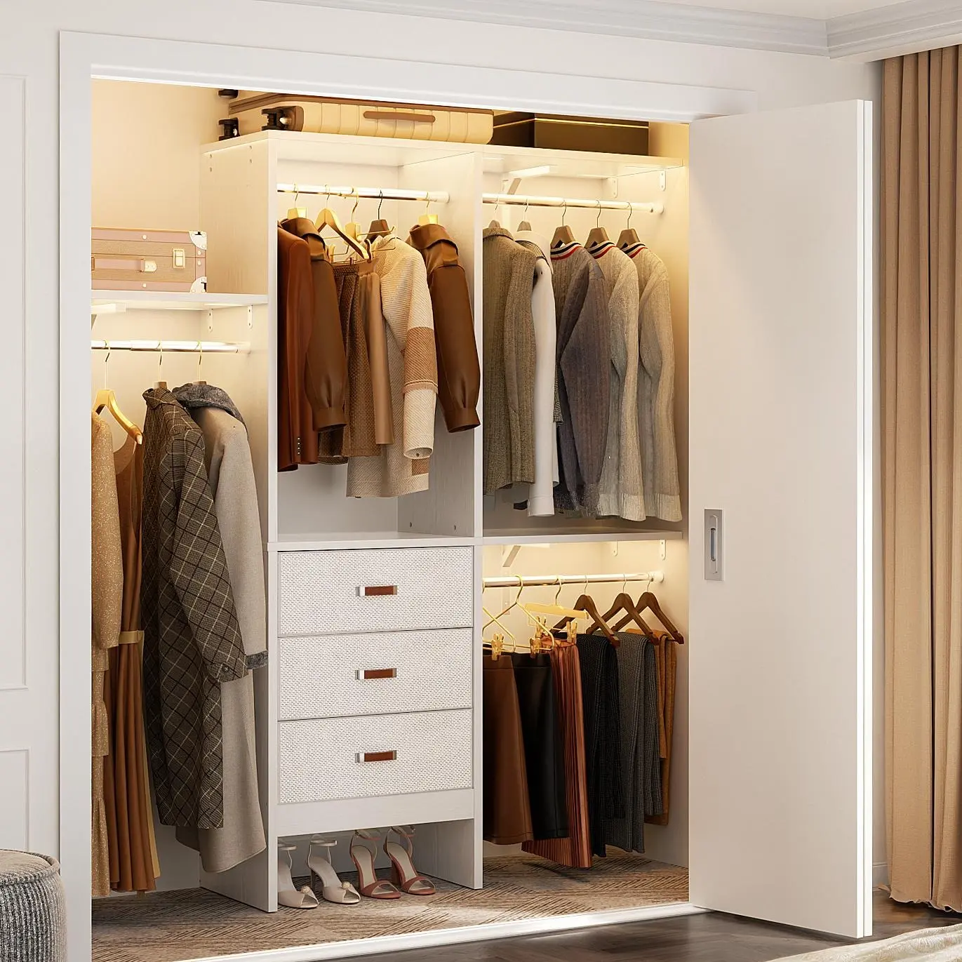 Modern DIY Modular 59-in Full Height Solid Wood Wardrobe Cabinet, 5FT Walk-in Storage Closet with 3 Drawers, 4 Adjustable Hanging Rods, Heavy-Duty Rack & Shelves for Bedroom Decor