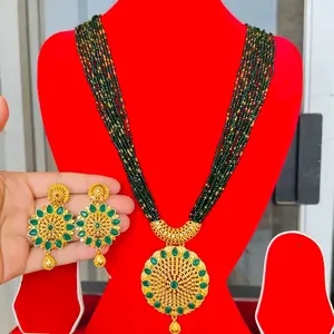 Gold plated set with green and golden hydro potey with gold plated earrings