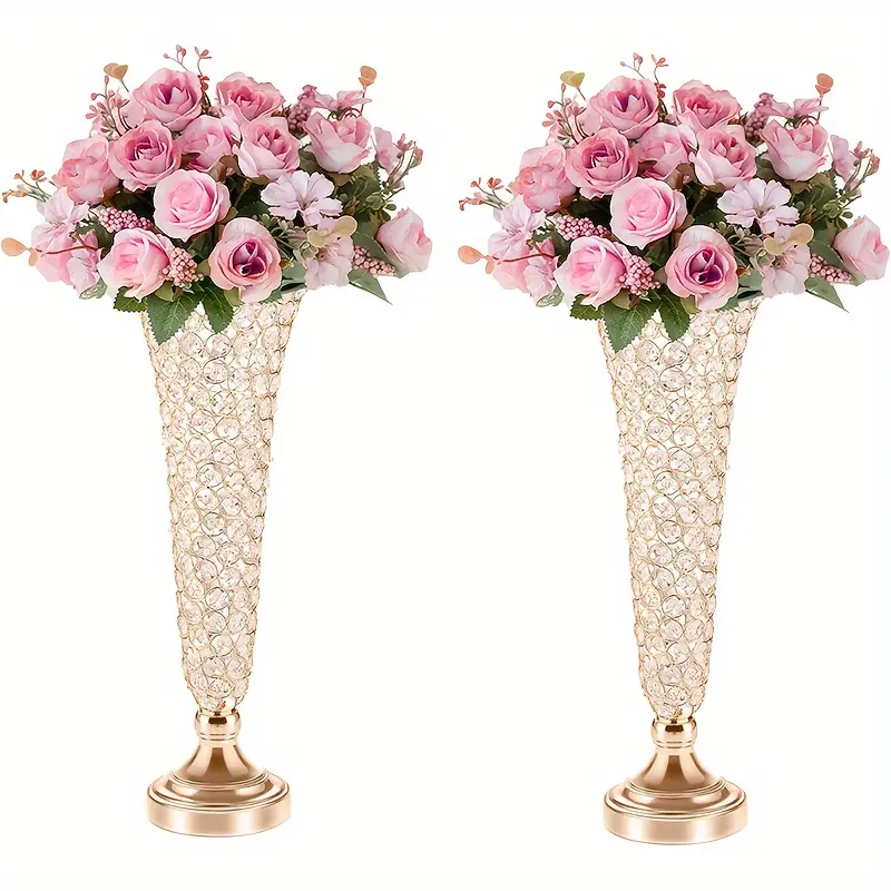 2-Piece Metal Crystal Vase Set, 20 in Tall, for Dining Table Centerpiece, Wedding & Anniversary Home Decor