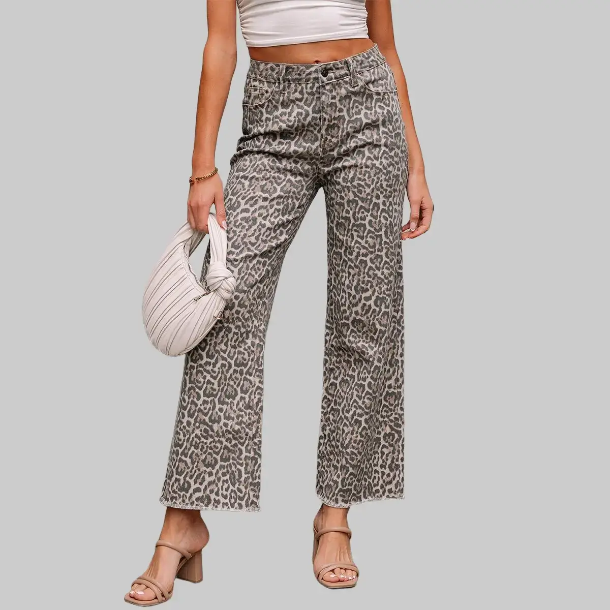 Lady's Fit High-Waist Brown Pink Leopard Print Wide-Leg Raw Hem Non-Stretch Denim Jeans - Comfortable Button-Style Fashion Trending Clothes, All-Seasons Streetwear Bottoms,summerwins