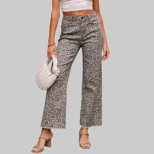 Dear-Lover Lady's High-Waist Brown Pink Leopard Print Wide-Leg Raw Hem Non-Stretch Denim Jeans - Comfortable Button-Style Pants, Trending Streetwear All-Seasons Bottoms