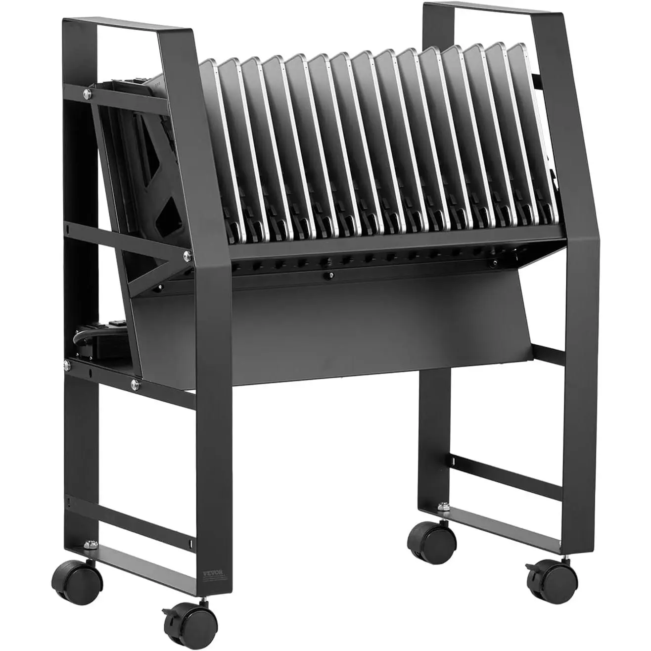 16-Device Open Mobile Charging Cart with Secure Storage, Surge Control, 4 Lockable Wheels, Durable Metal Construction, Fits Up to 15.6 in Screens, Efficient Charging for Chromebook, Tablet, Laptop, Classroom, Office Use