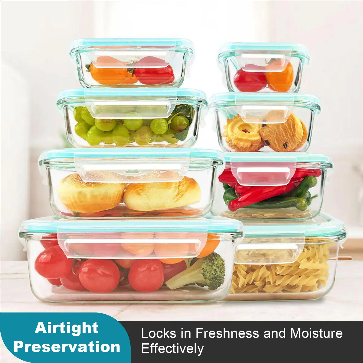 Premium Glass Food Storage Containers 8 Pack Stackable Square Design with Airtight Lids Green Rectangle Safe for Oven Microwave Freezer High Temperature Durable Kitchen Utensils#Summervibes