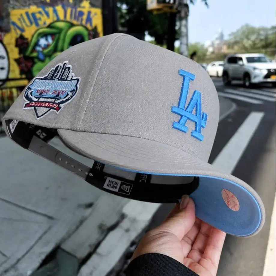 New Era 9FORTY Los Angeles Dodgers Gray Baseball Cap Blue LA Embroidery Anniversary Patch Premium Adjustable Streetwear Hat